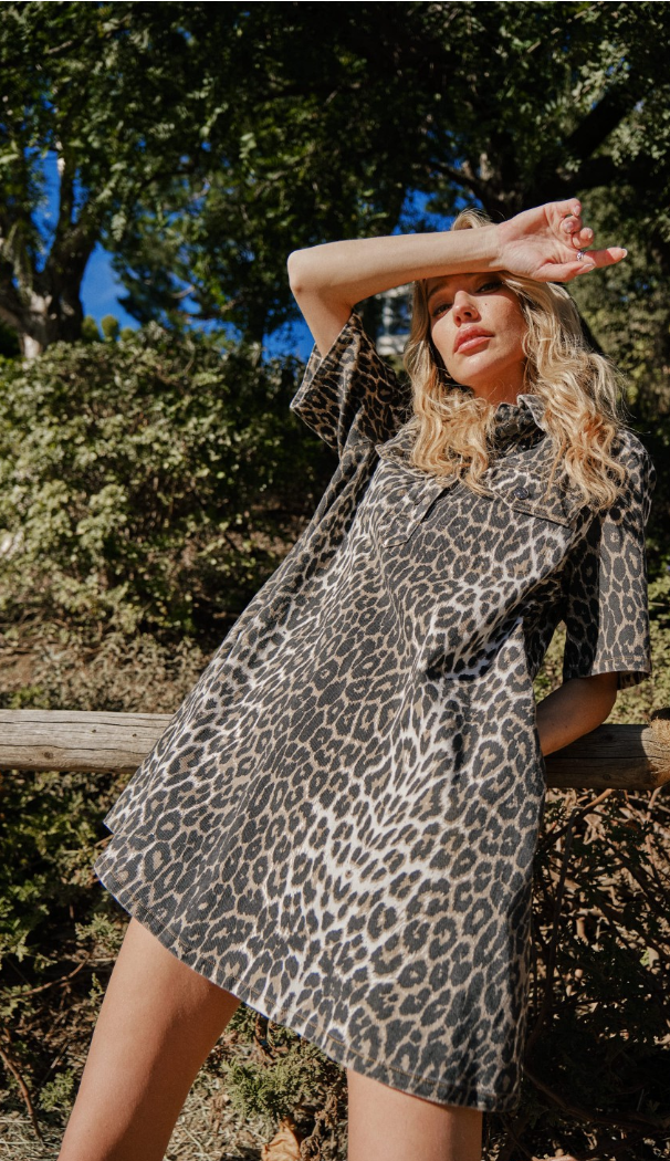 Leopard Print Button-Up Denim Dress