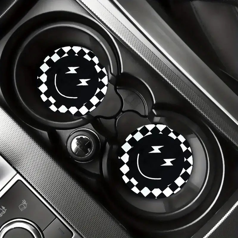 2pcs Checkered Print / Smiley face Car Coaster