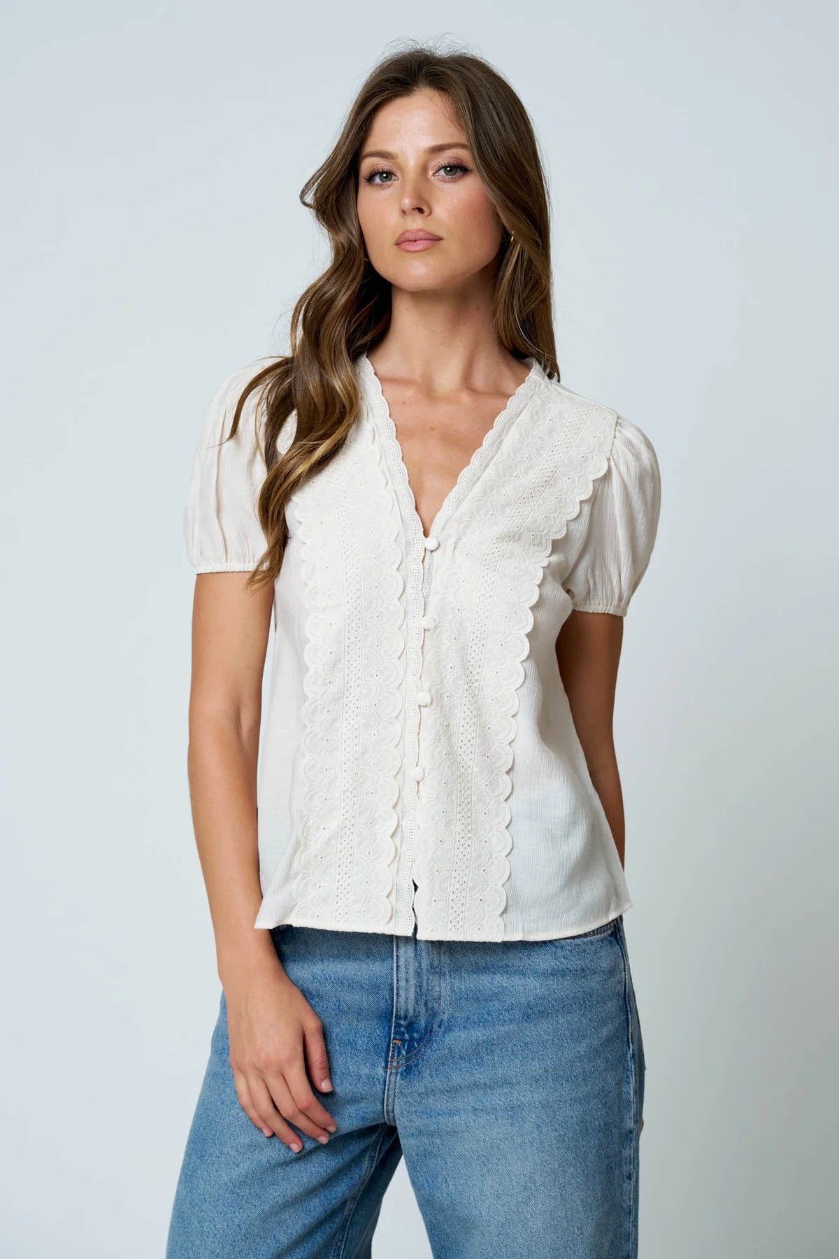 Lace Detail Puff Sleeve Button Down Blouse