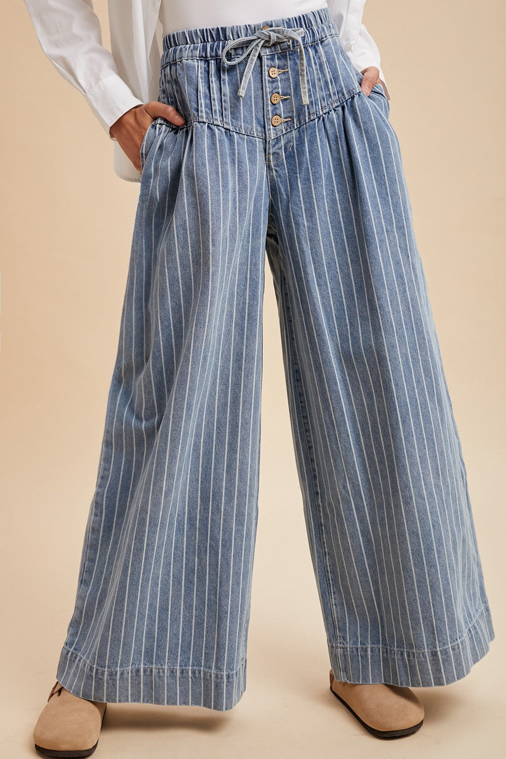 The June Striped Denim Pin Tuck Detail Wide Leg Pants
