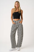 Checkered Elastic Waist Barrel Pants