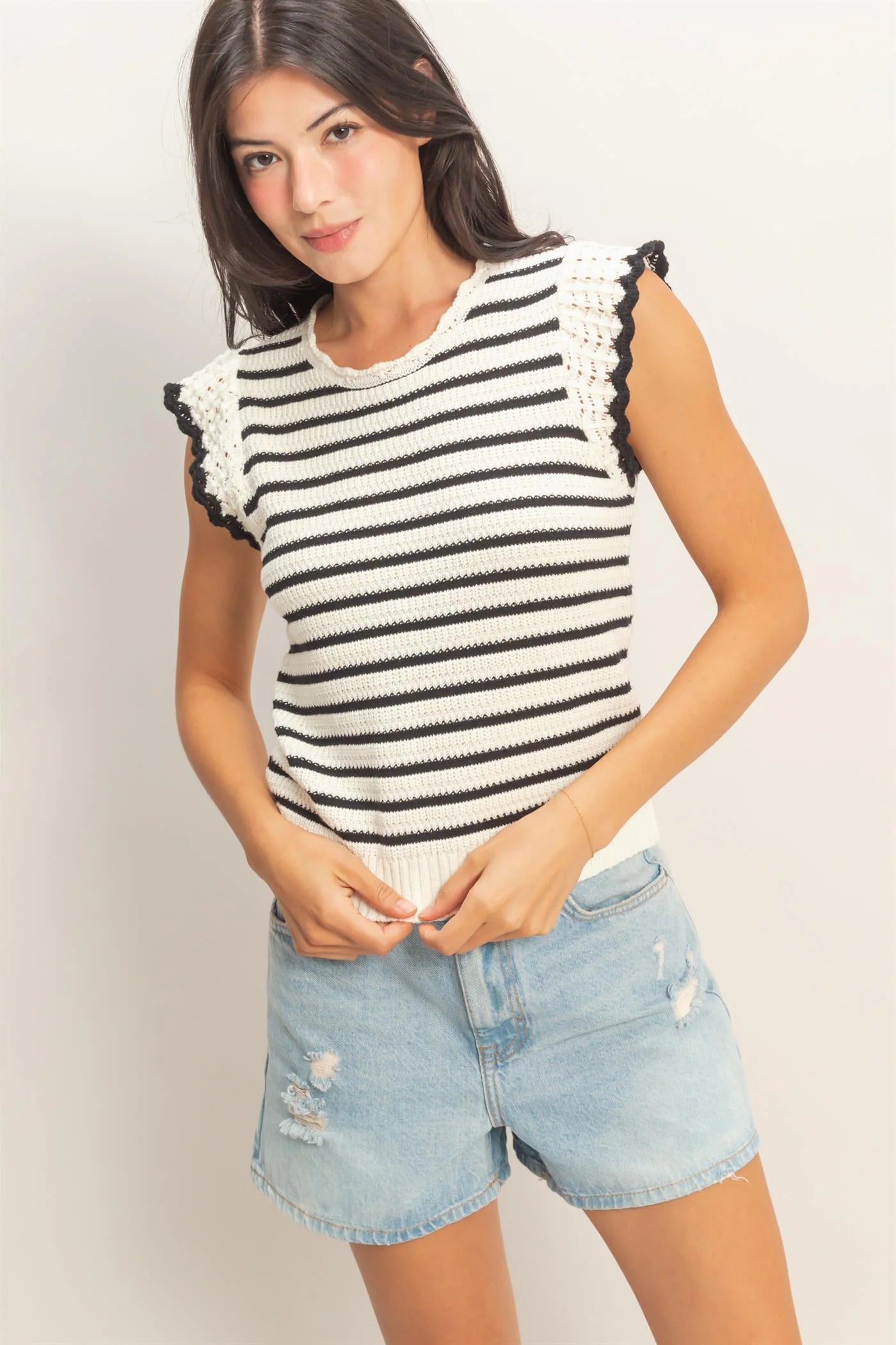 Scalloped Striped Ruffle Sleeve Top
