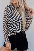 Checkered Pattern Mesh Mock Neck Top