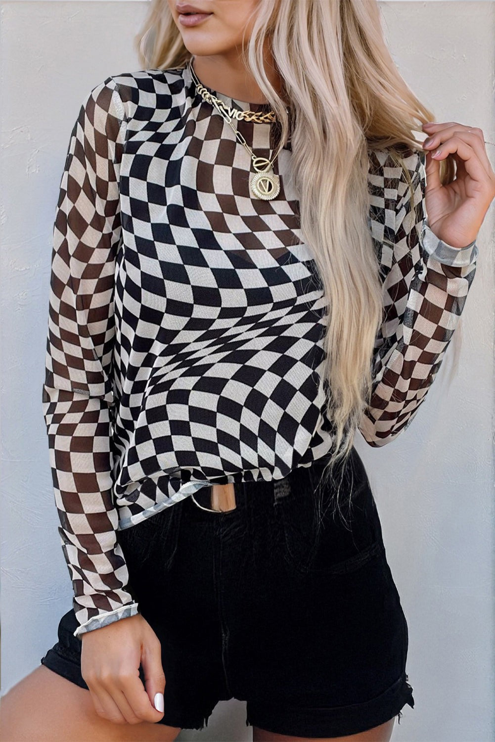 Checkered Pattern Mesh Mock Neck Top