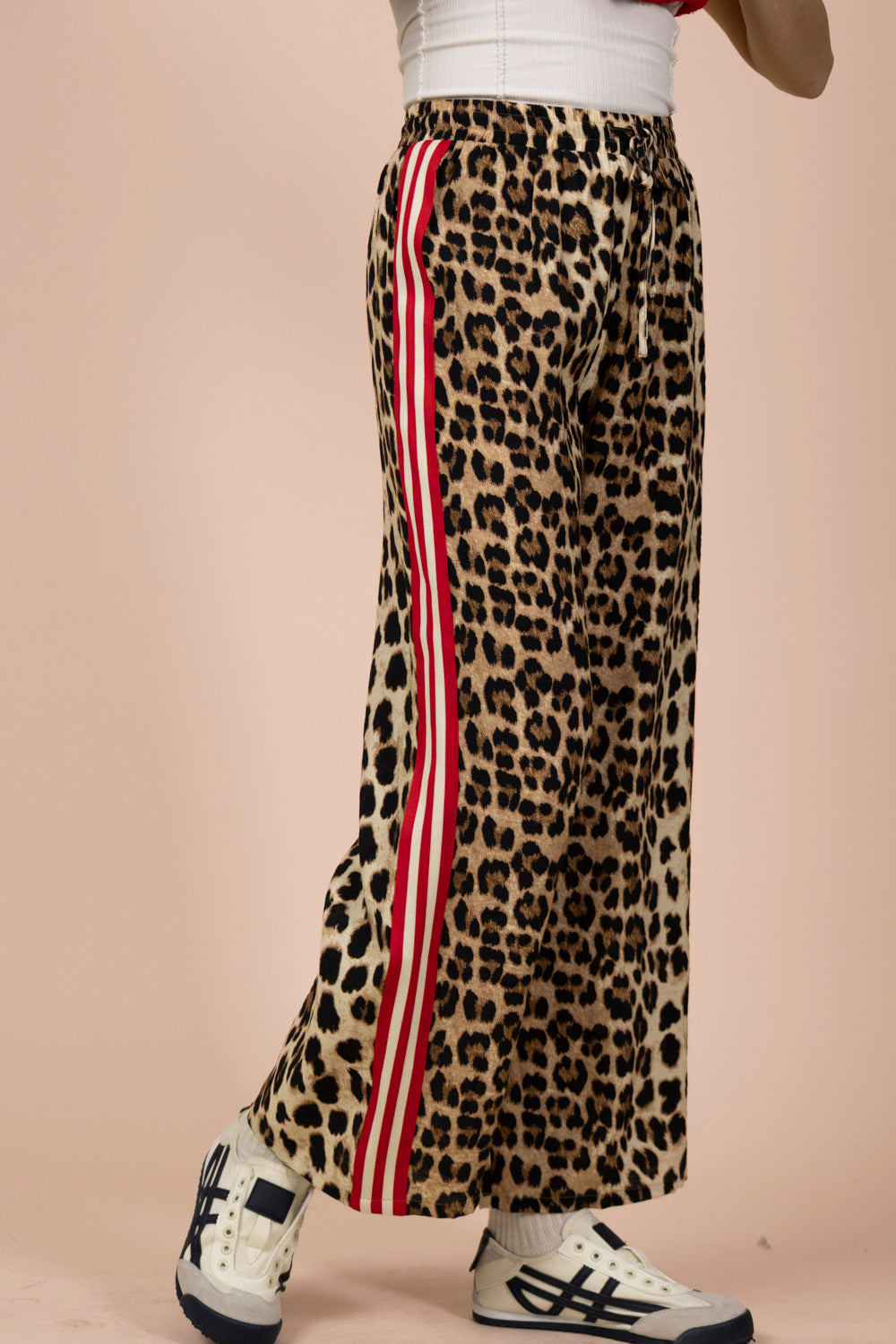 Red Side Stripe Leopard Print Pants