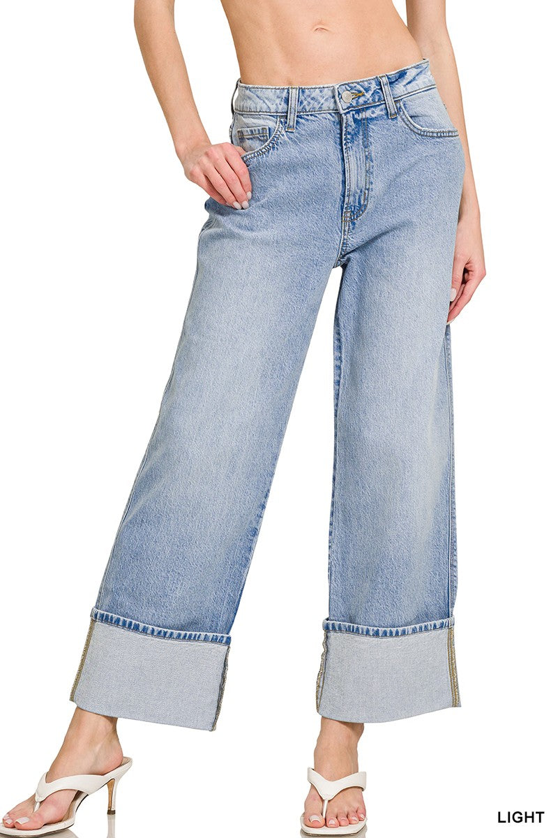 Olivia High Rise Cuffed Wide Leg Denim Pants