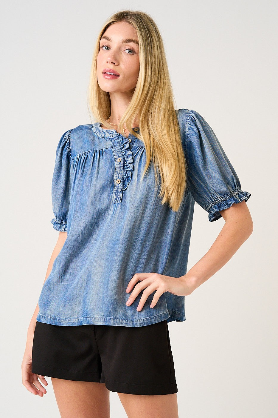 Chambray Ruffle Blouse