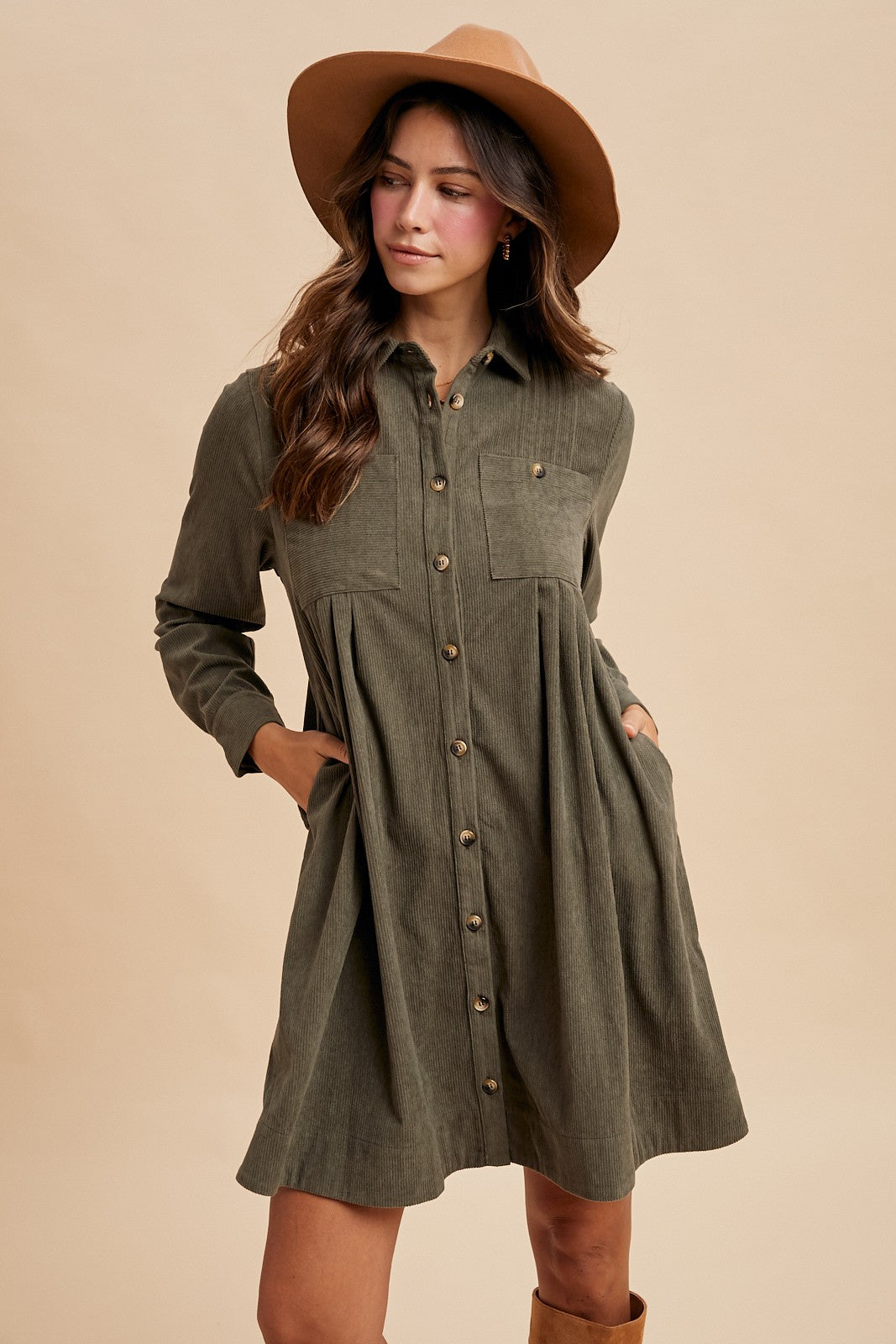 Corduroy Pintuck Detail Mini Shirt Dress