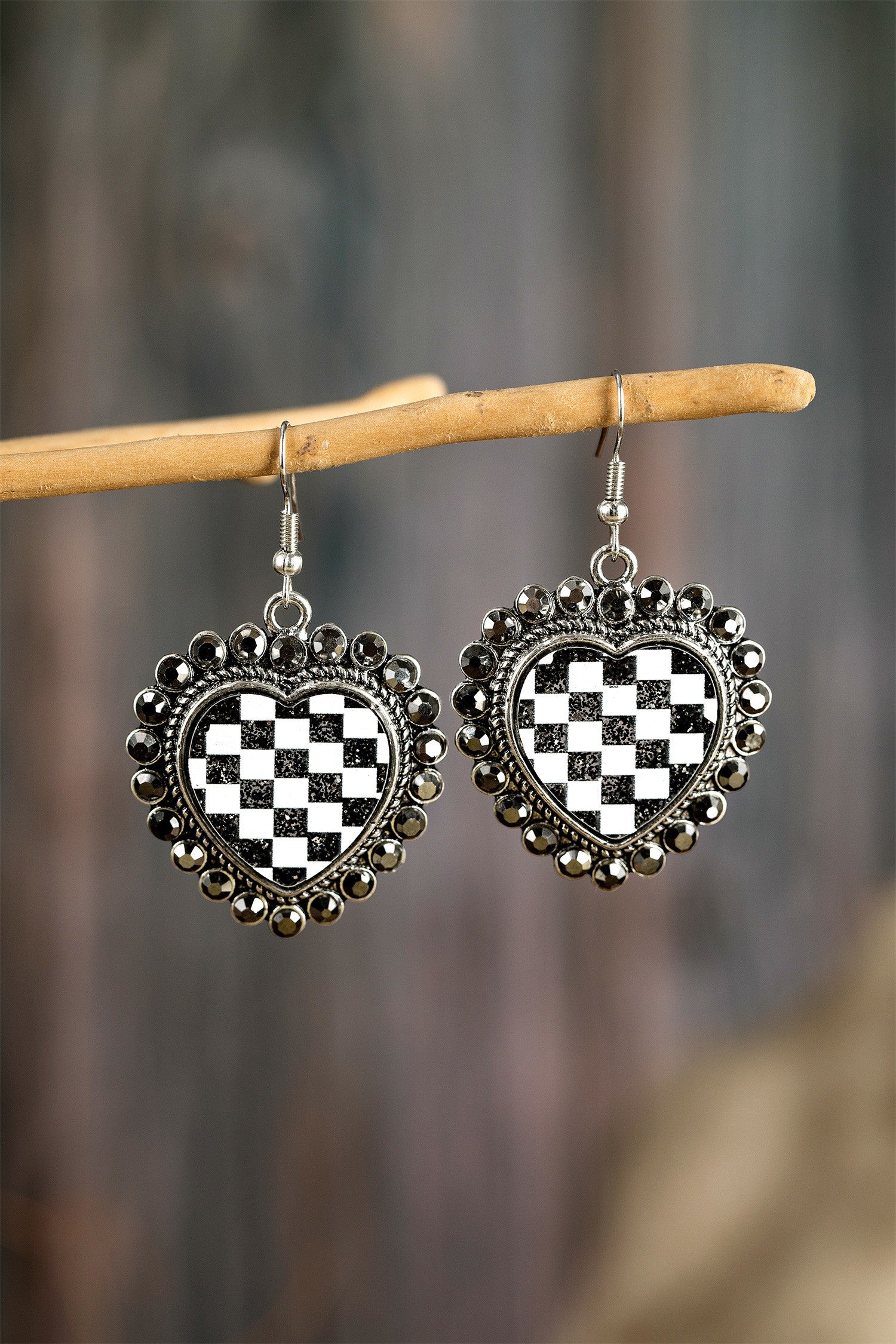 Checkered Heart Studded Trim Vintage Earrings