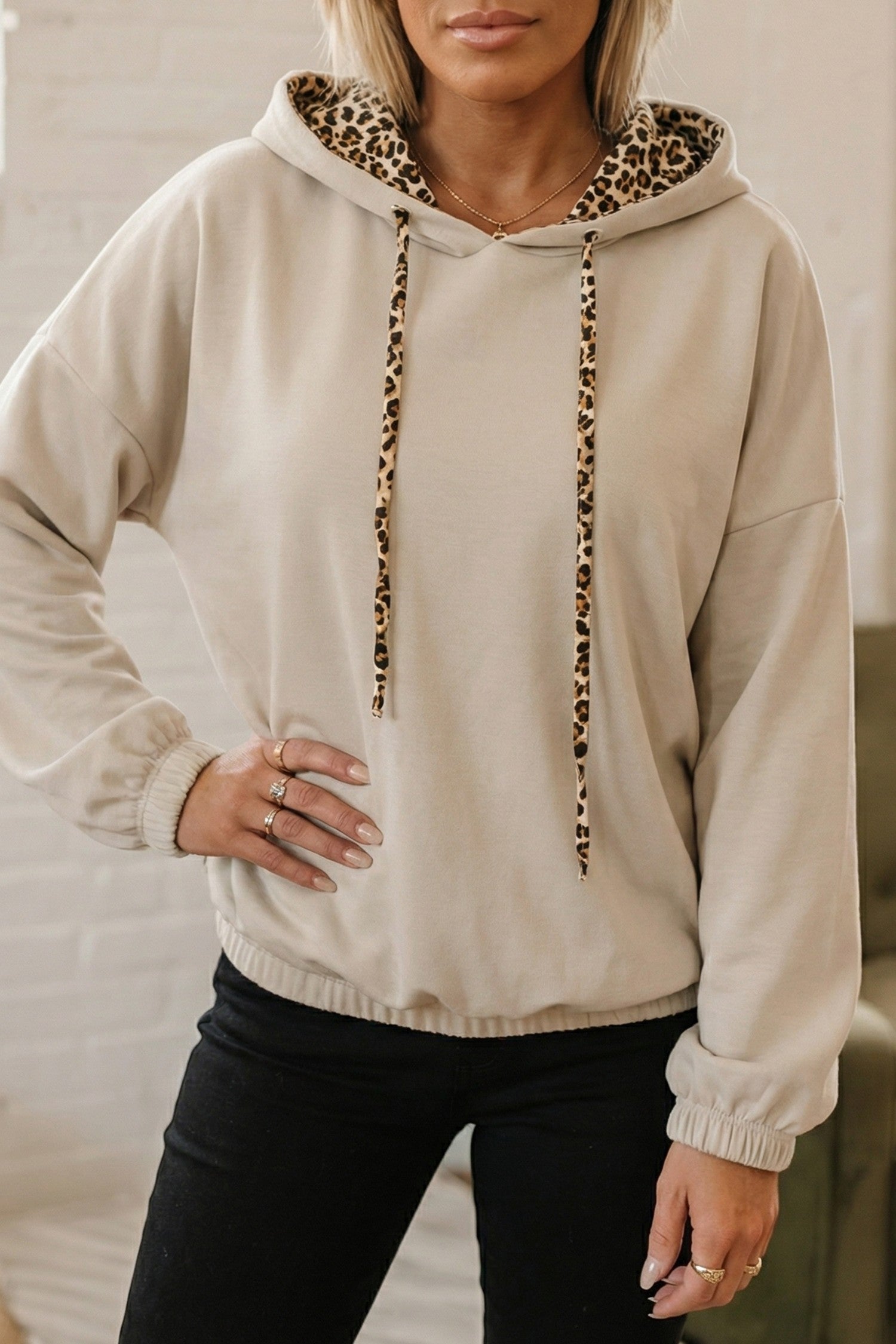 Leopard Contrast Drawstring Hood Loose Hoodie