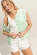 Ribbed Sleeveless Button Top - Light Sage