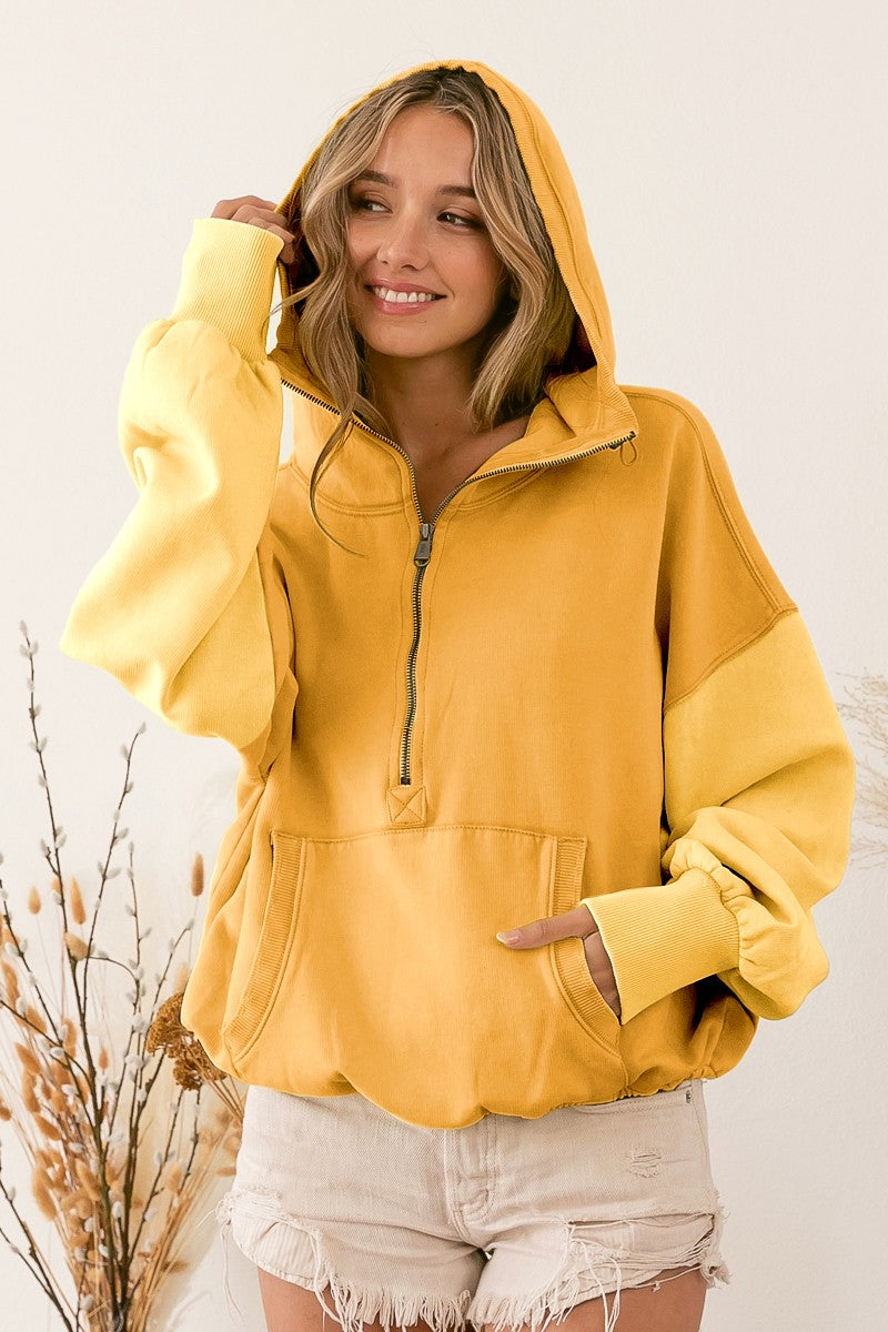 Color Block Elastic Hem Fleece Hoodie