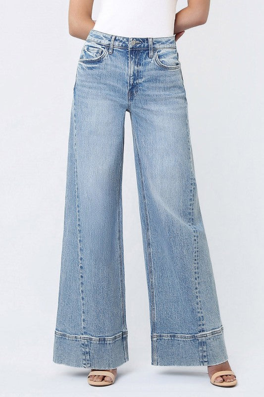 The Olivia High Rise Metal Buckle Trim Extreme Wide Jeans