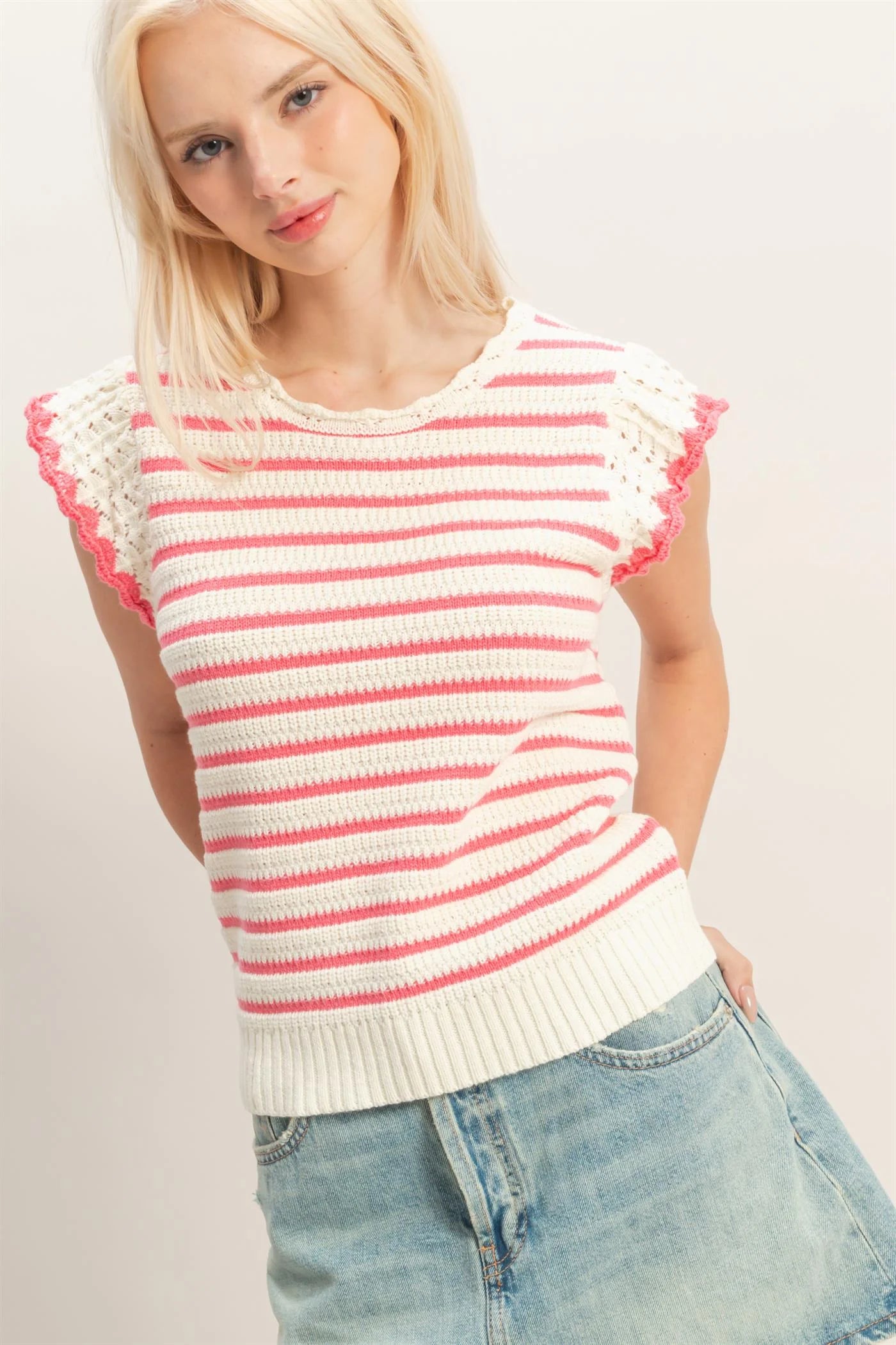 Scalloped Striped Ruffle Sleeve Top
