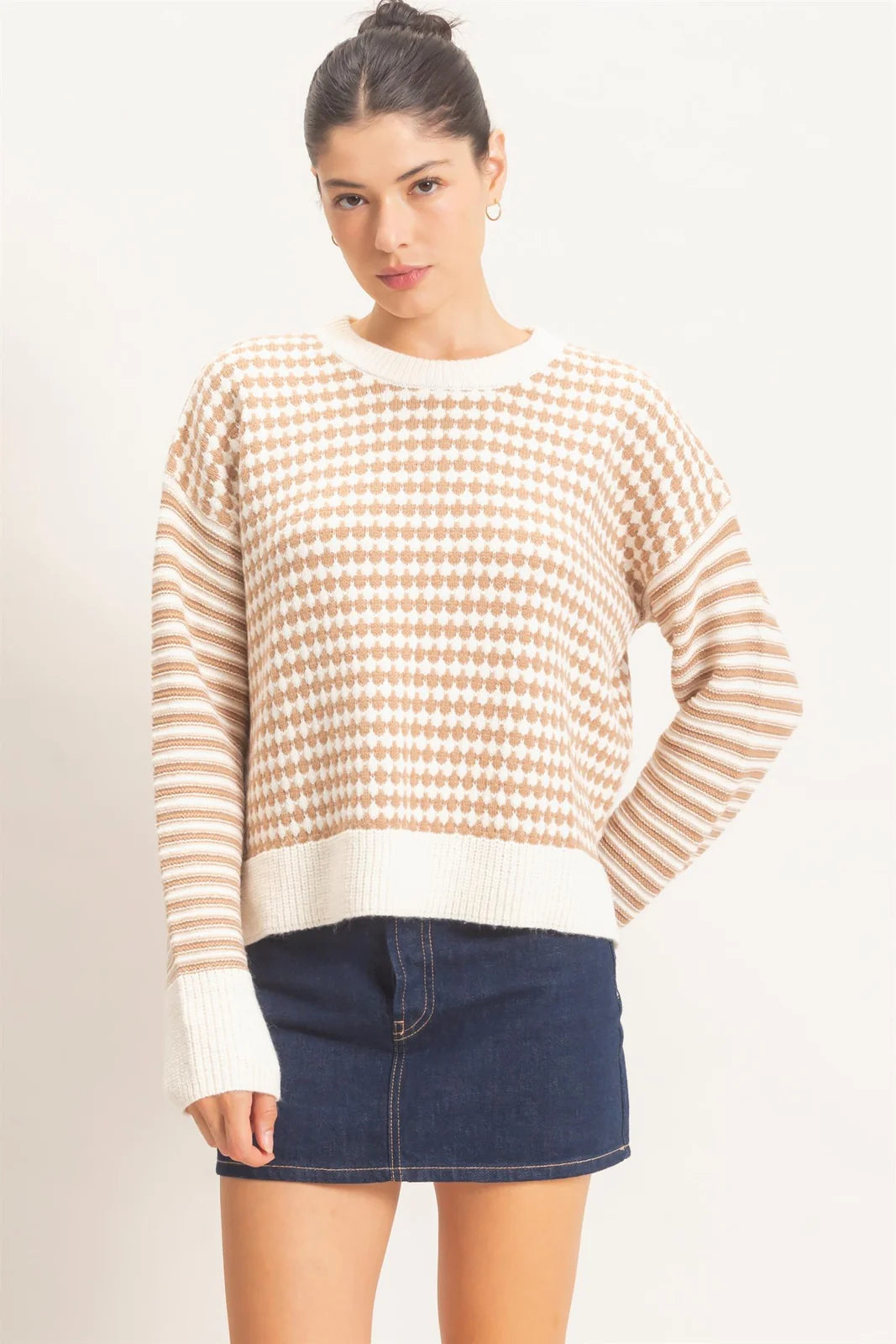 Taupe and White Printed Sweater