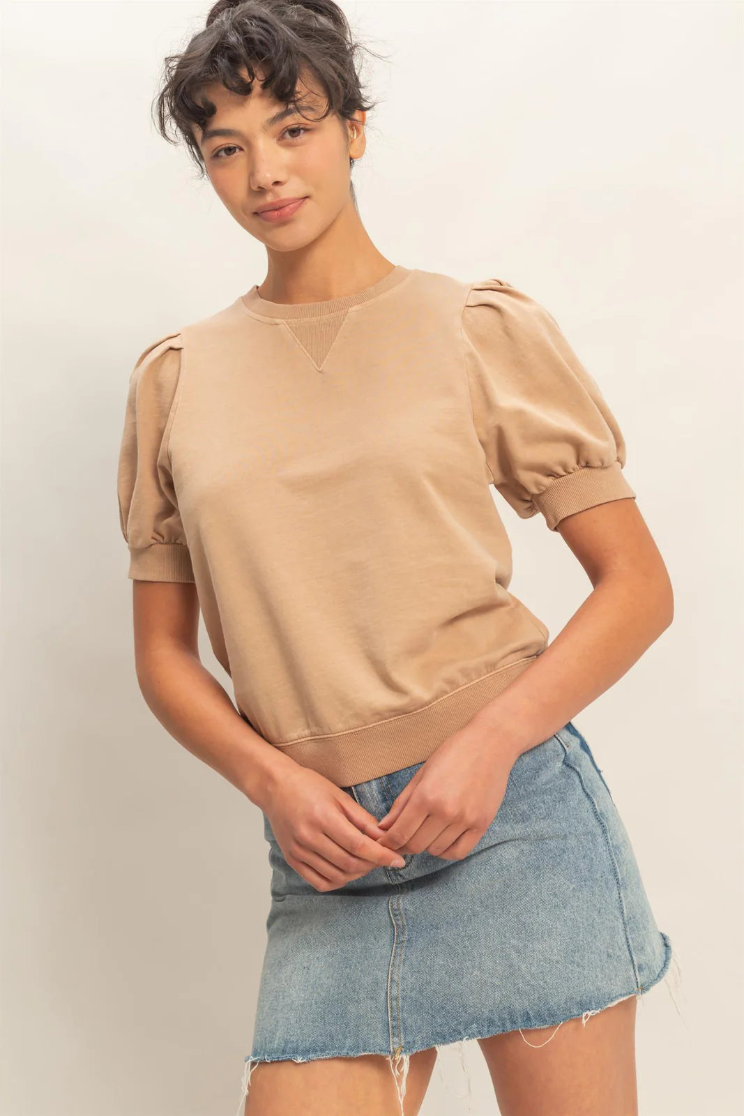 V-Stitch Detail Puff Sleeve Top