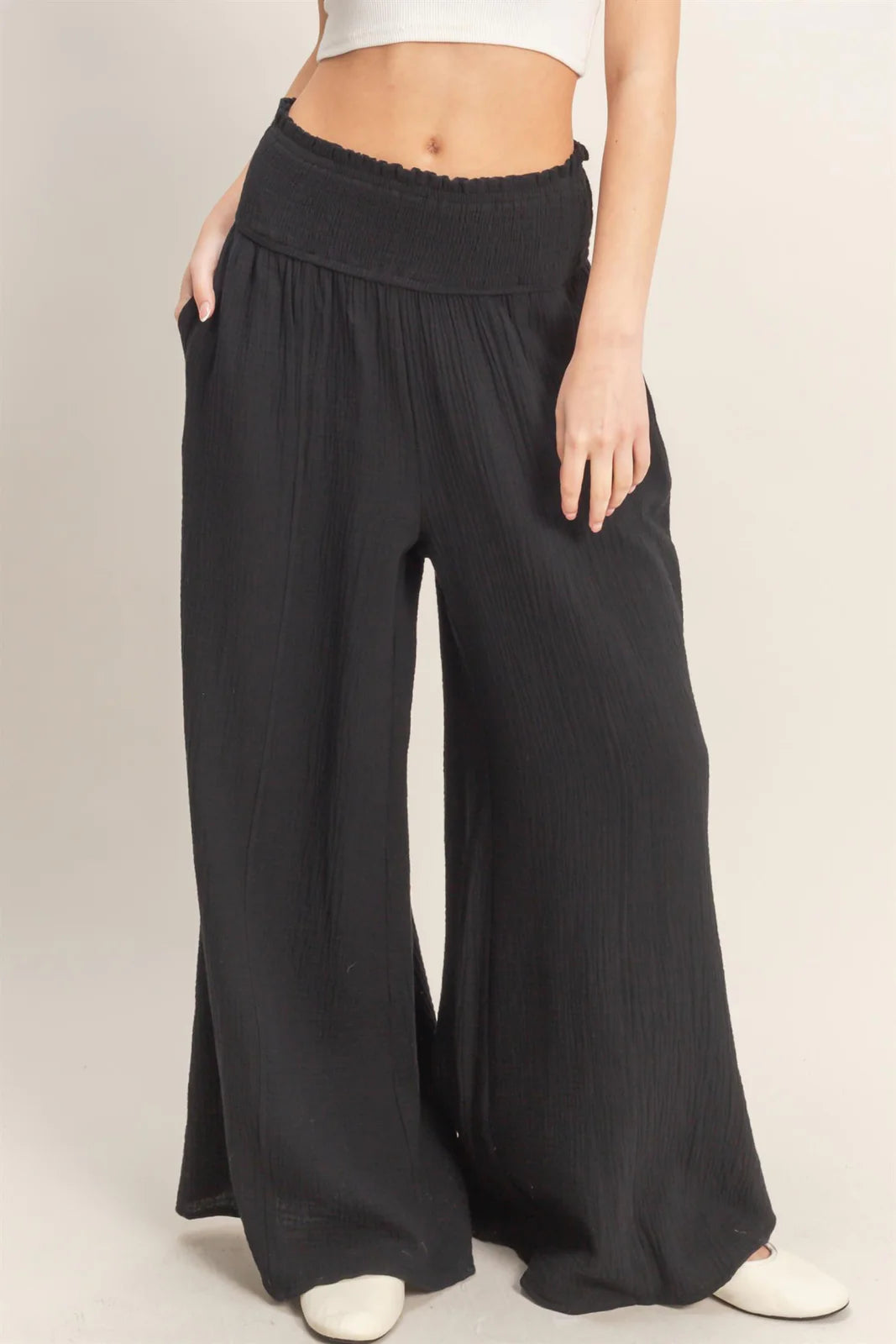 Smocked Waist Wide-Leg Pants