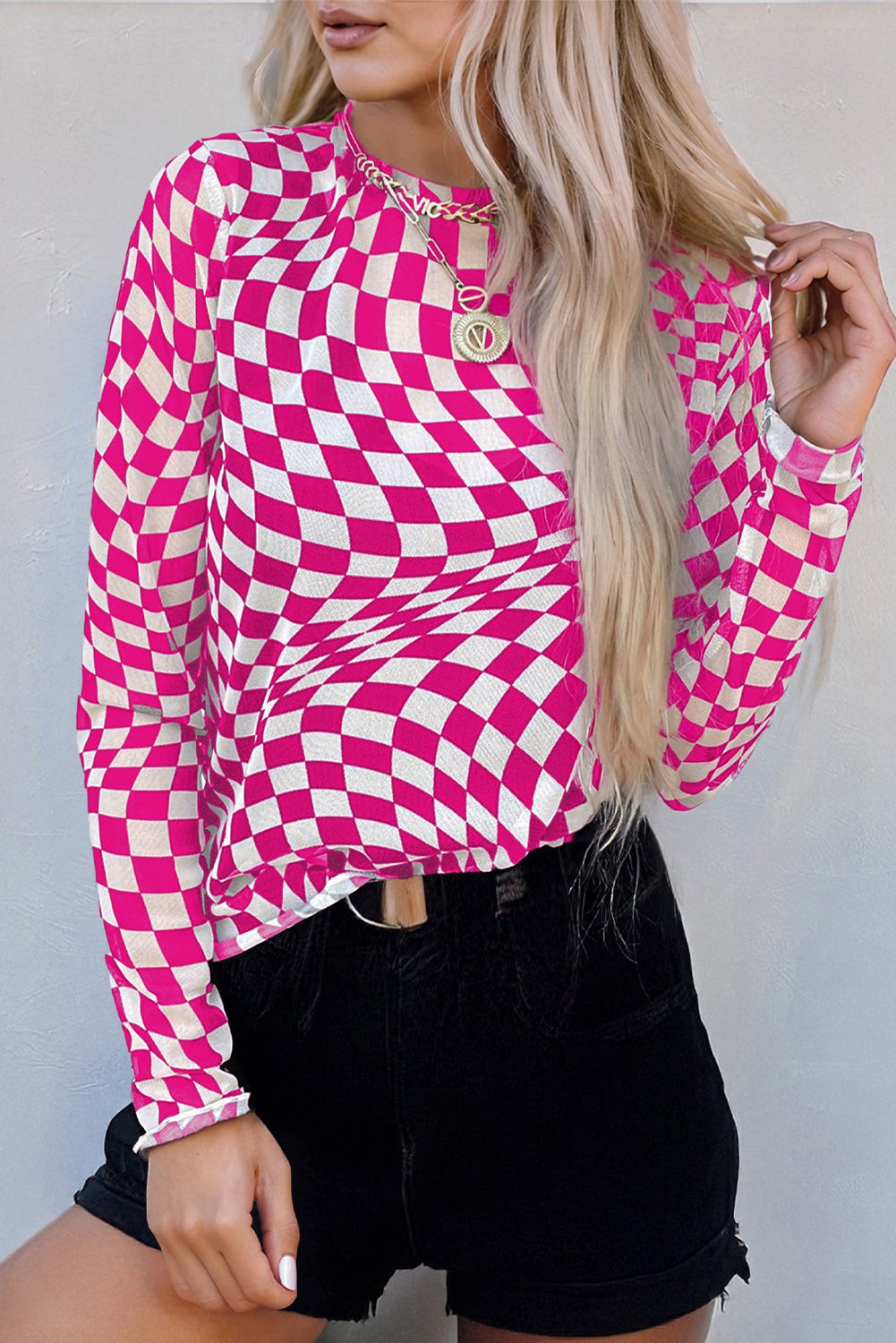 Checkered Pattern Mesh Mock Neck Top