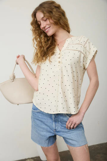 Polka Dot Half Button Lace Detail Top
