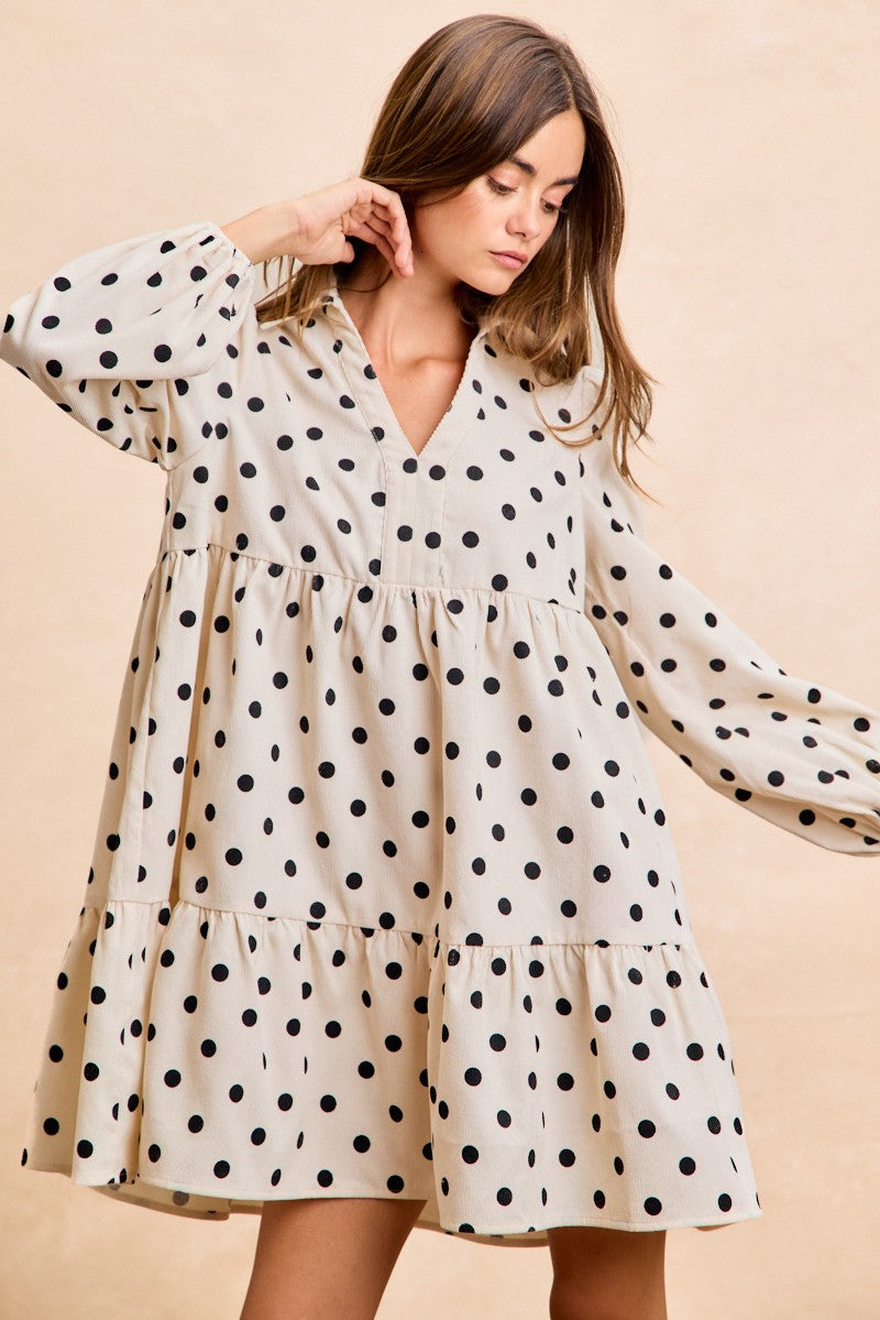 Polka Dot Corduroy V Neck Dress