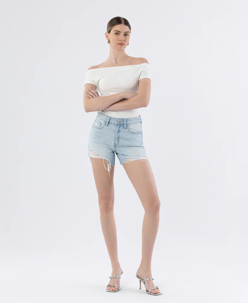Rebecca High Rise Distressed Raw Hem A Line Denim Shorts