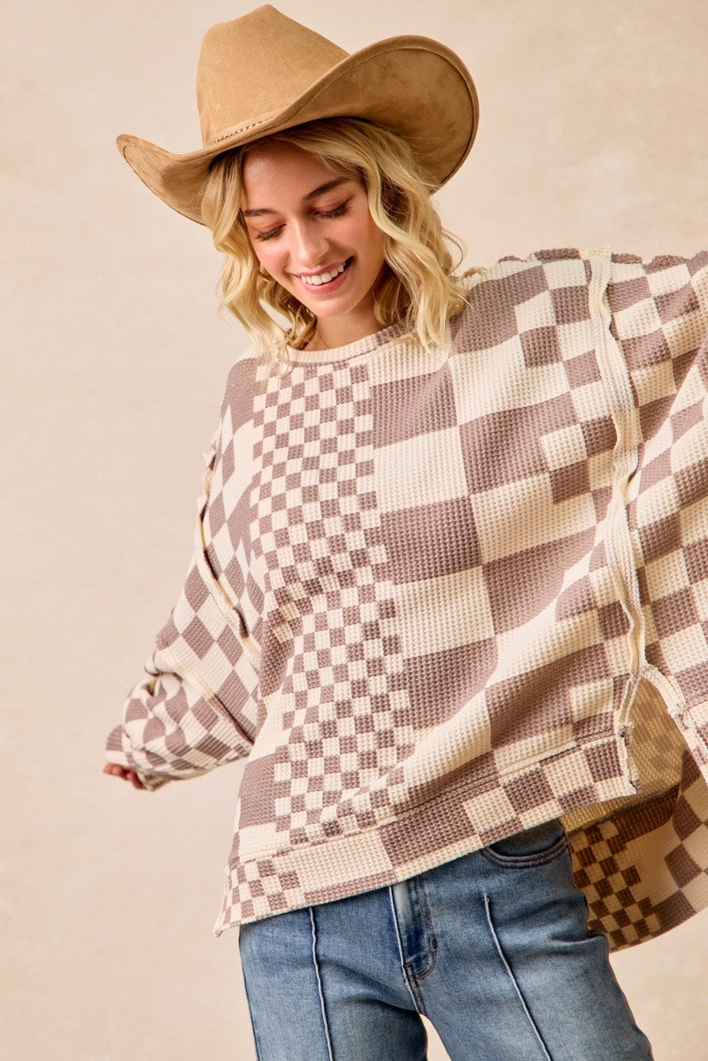 Checker Print Oversized Waffle Sweatshirt