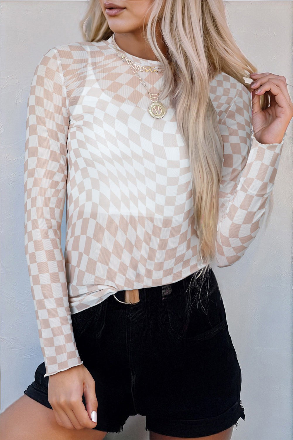 Checkered Pattern Mesh Mock Neck Top