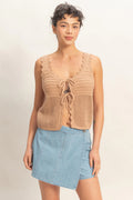 Sleeveless Open Knit Double Tie-Front Vest