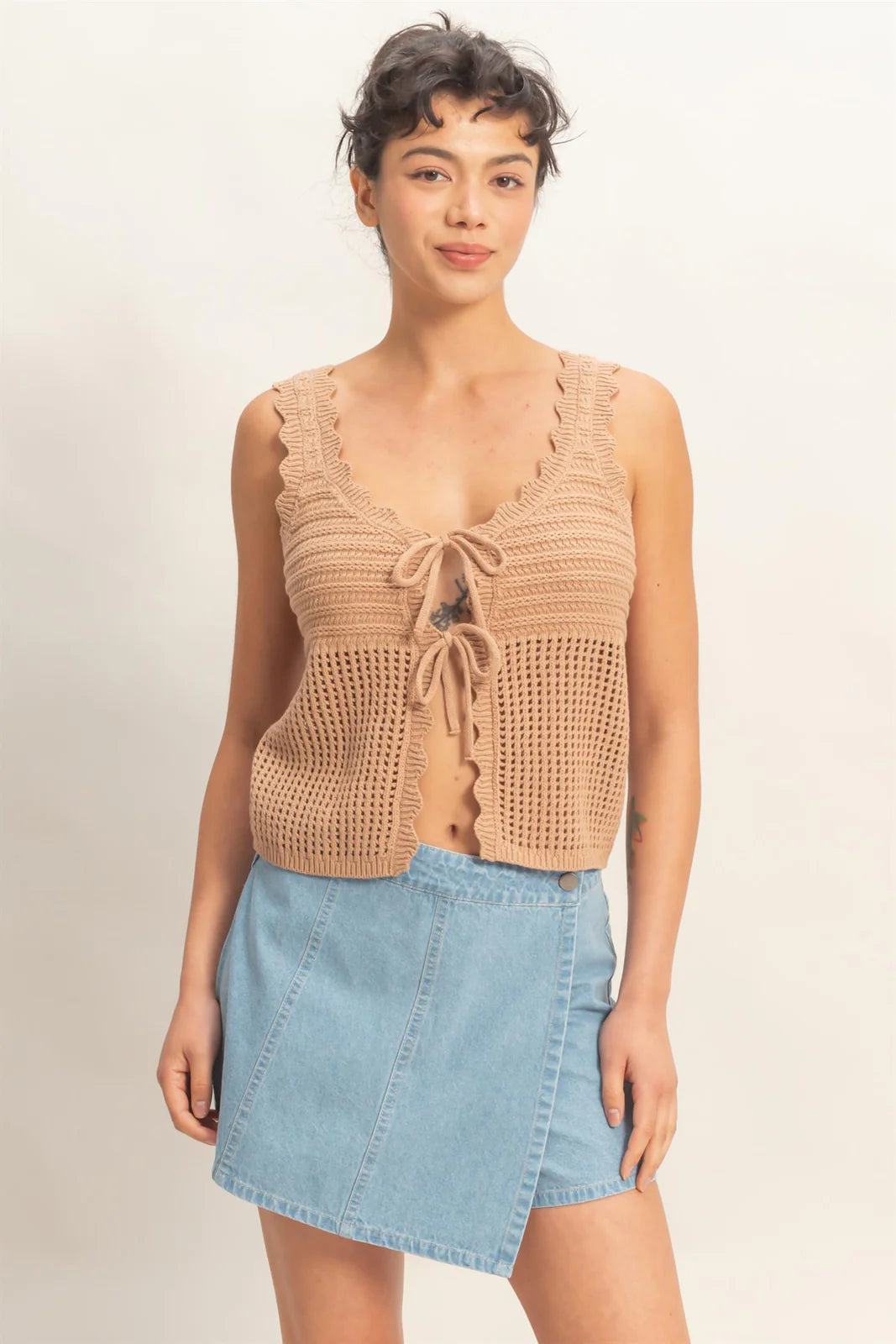 Sleeveless Open Knit Double Tie-Front Vest